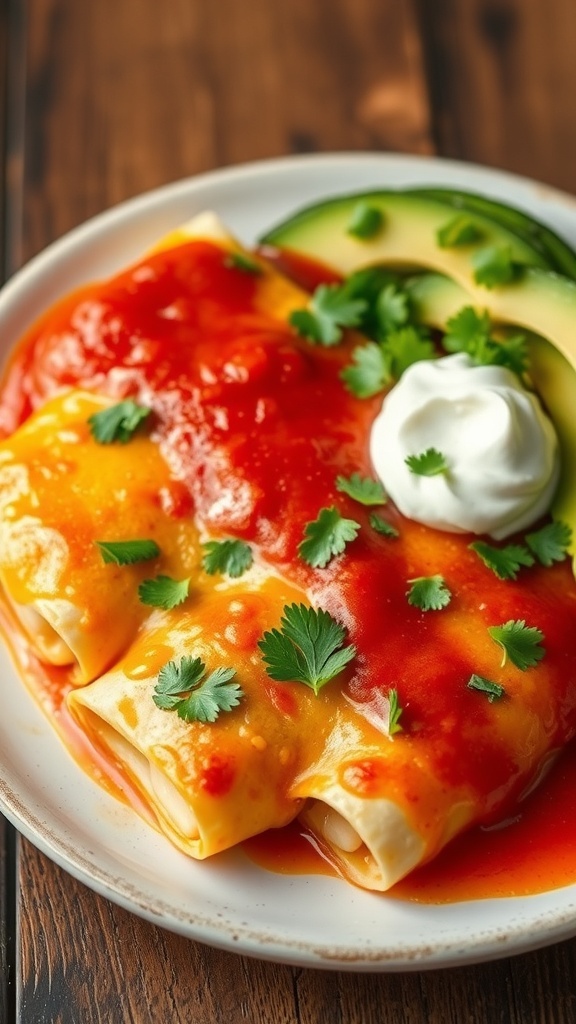 Crispy chicken enchiladas topped with cheese and enchilada sauce, garnished with cilantro and served with sour cream.